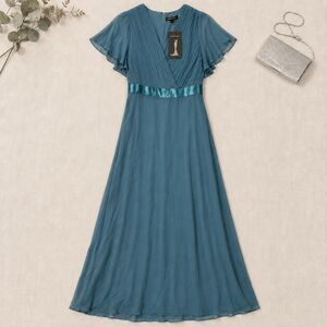 Ever-Pretty Teal Pleated V Neck Flutter Sleeve Formal Maxi Dress 8XL US 24 NWT